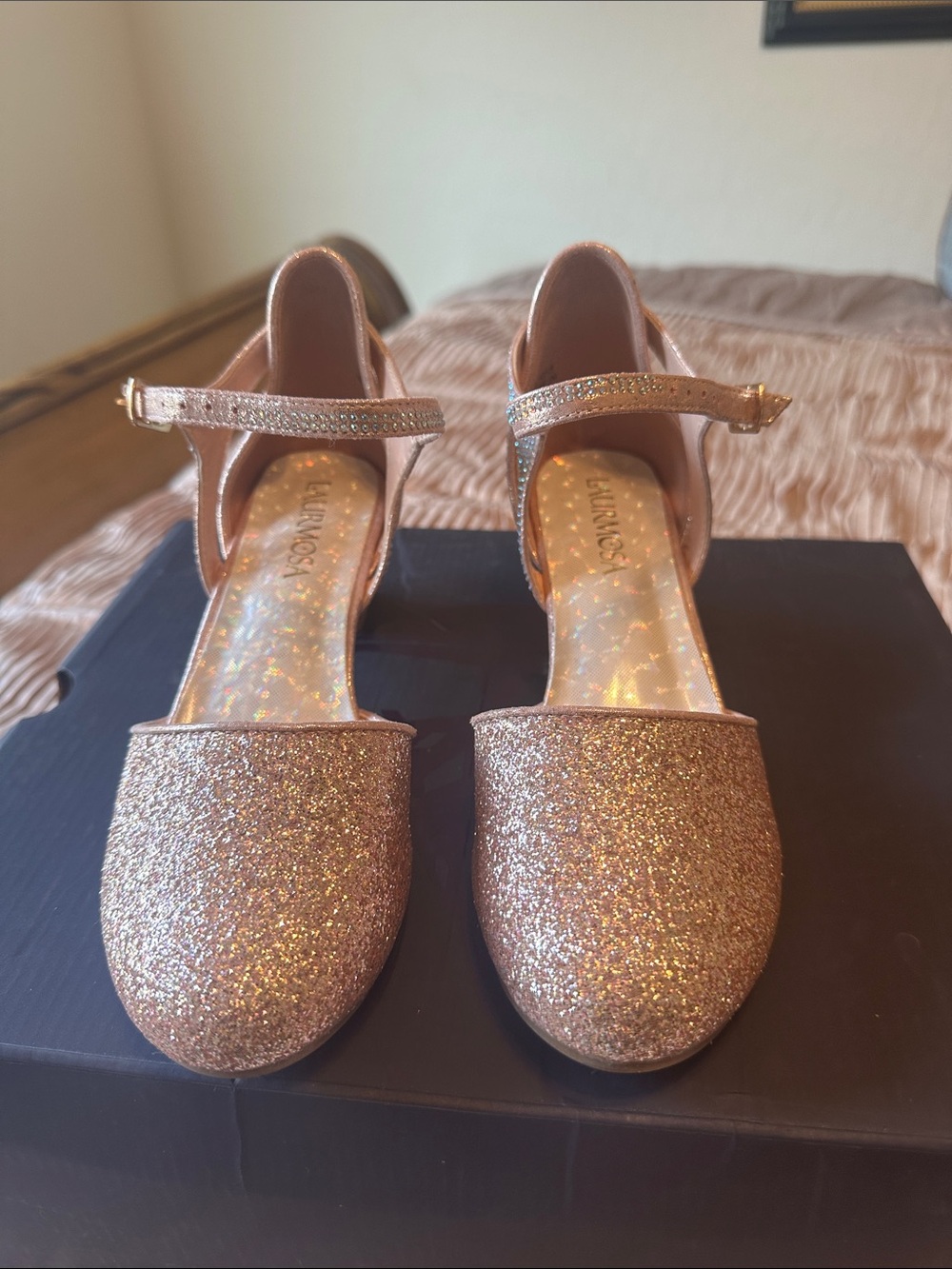 Girls Glitter Rose Gold Ankle Strap Heels